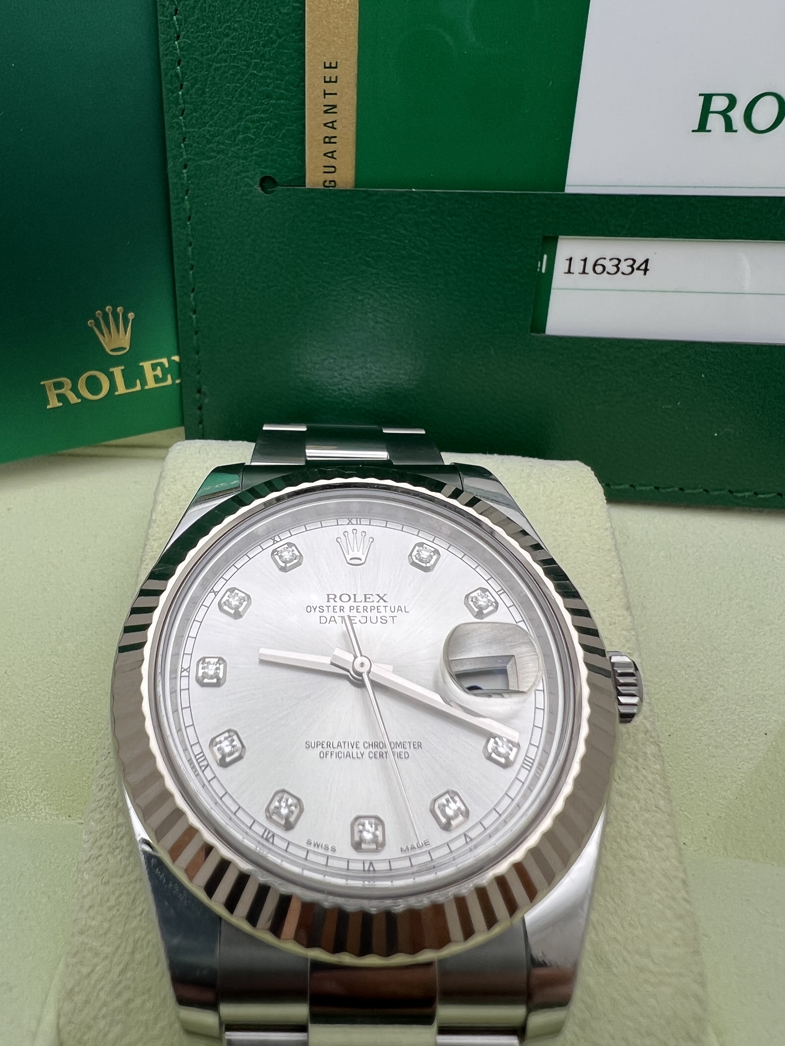 Rolex Datejust II 41mm 116334G Silver Diamond Dial 18K Fluted