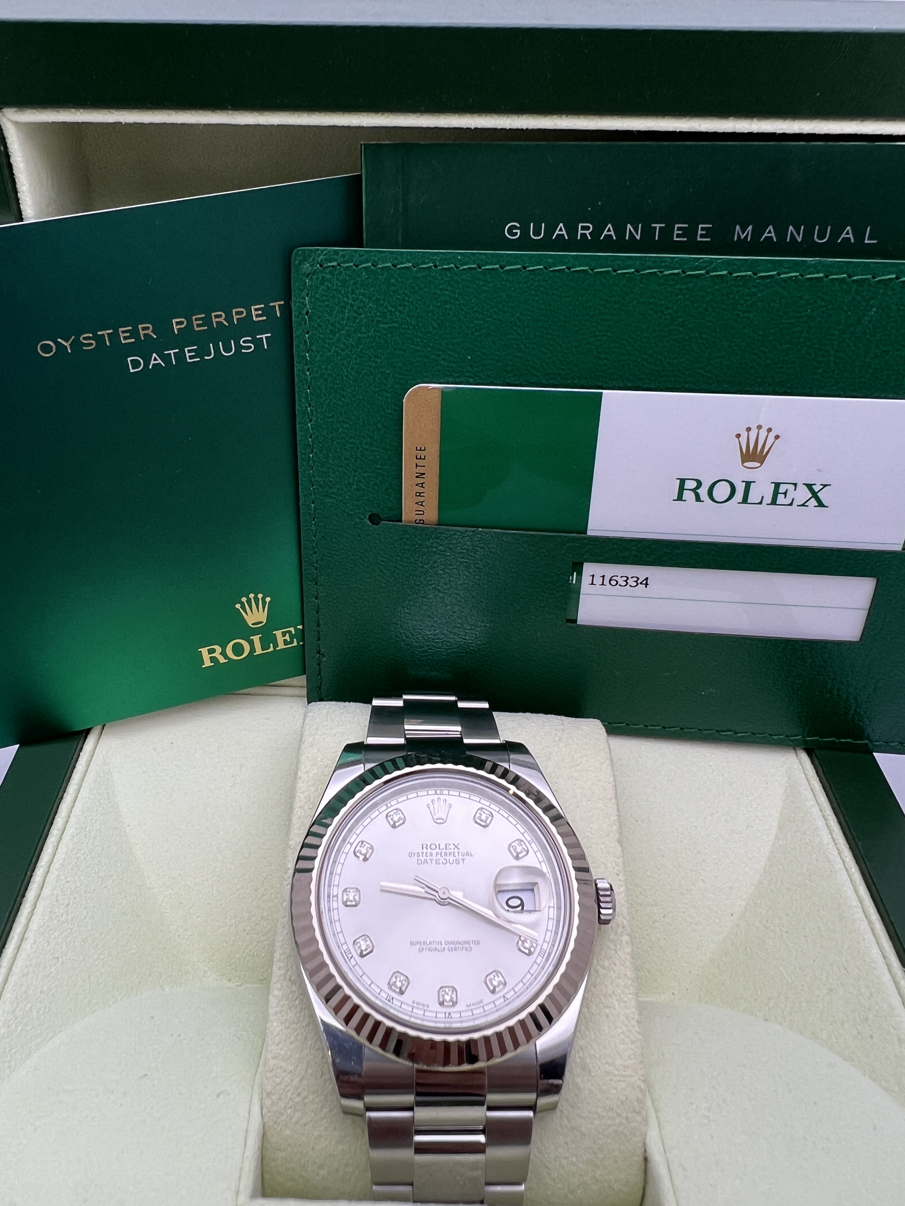 Rolex Datejust II 41mm 116334G Silver Diamond Dial 18K Fluted