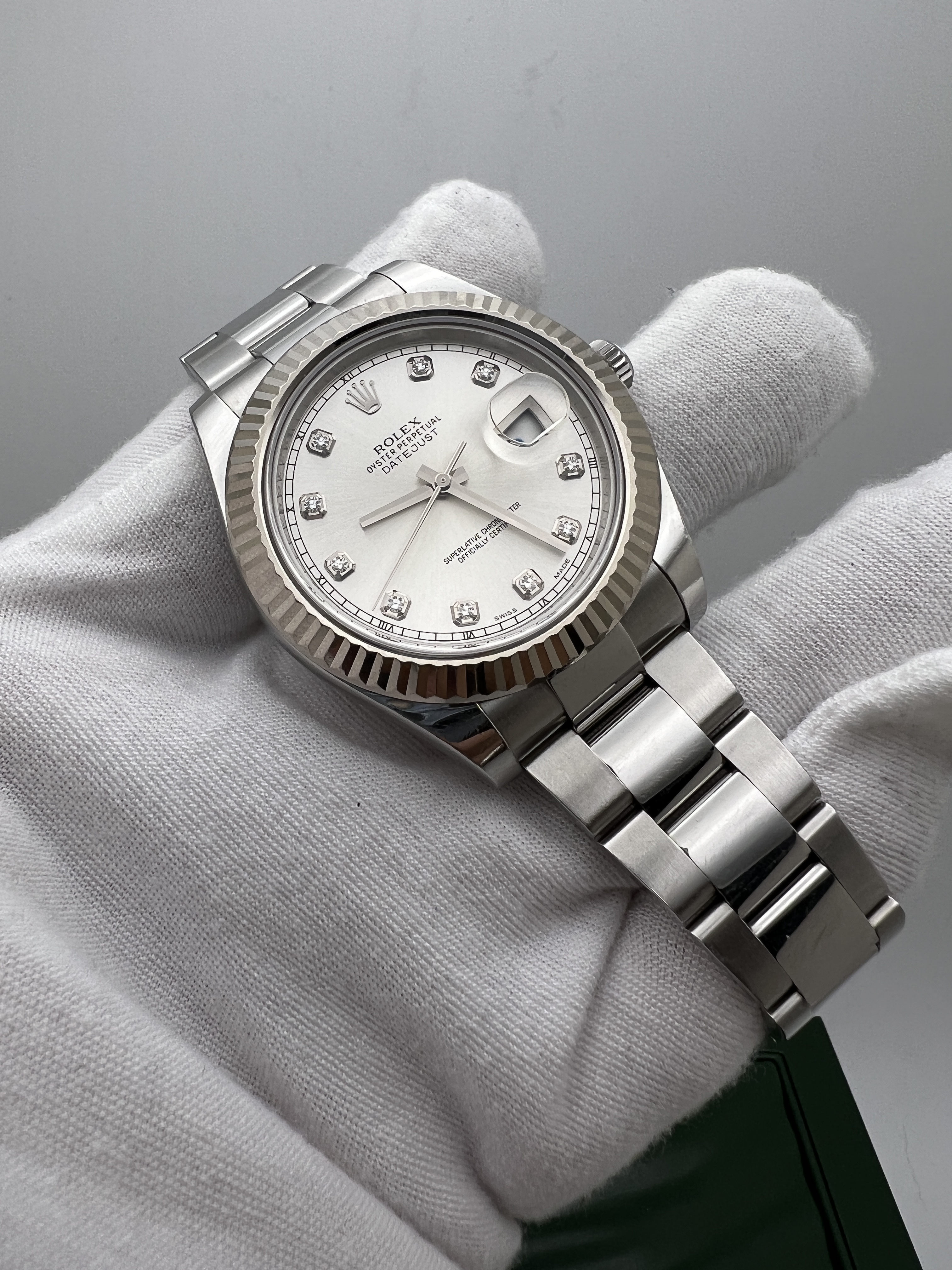 Rolex Datejust II 41mm 116334G Silver Diamond Dial 18K Fluted