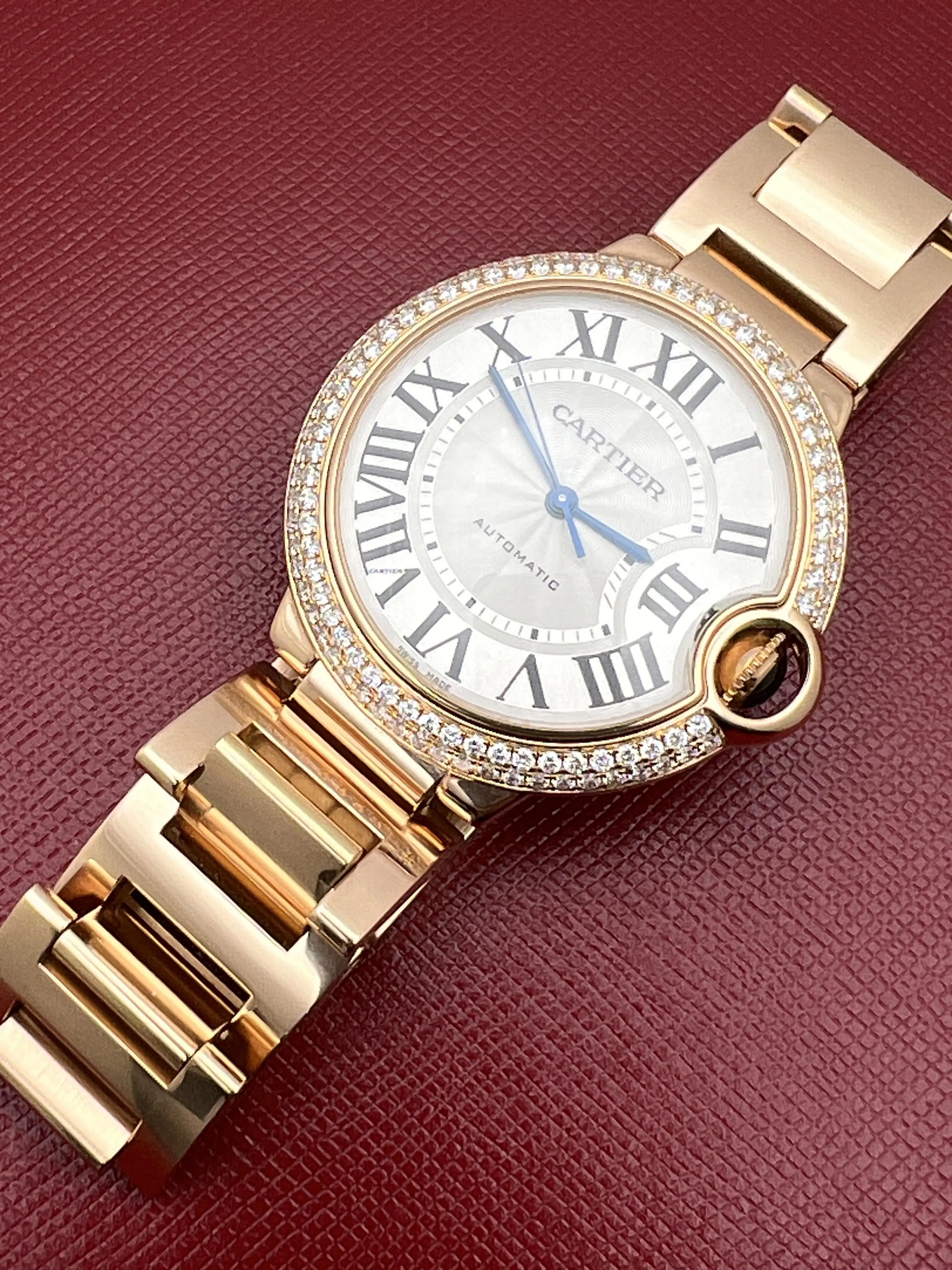 Cartier Ballon Bleu 36mm 18K Rose Gold Custom 2 CTW Diamond Bezel