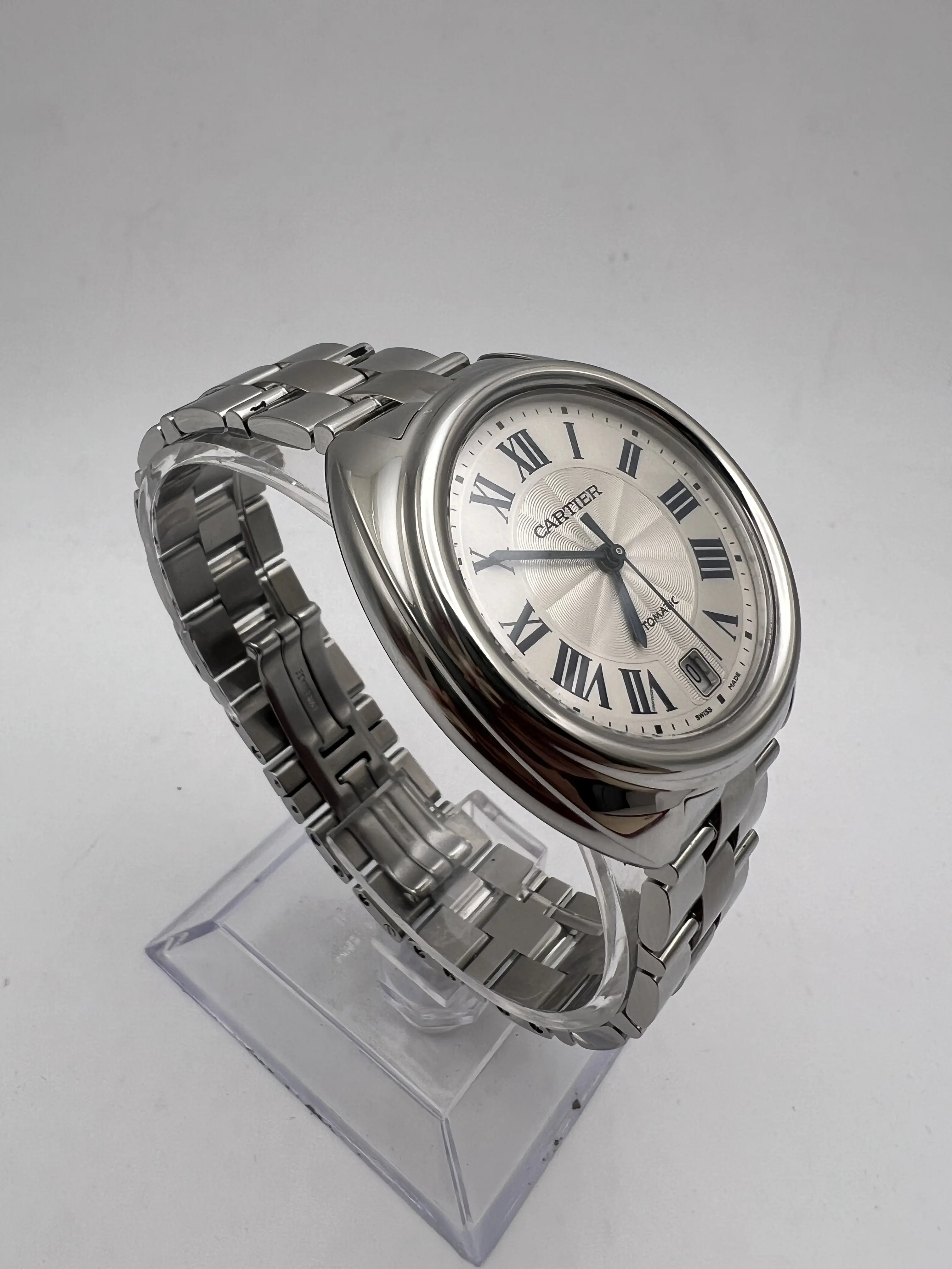 Cartier Watch Cles Silver Guilloche Dial Roman Index Date Back Slotted SS Cartier Cle De W4CL0005 31 MM Silver-tone Dial Pre-owned main image 3