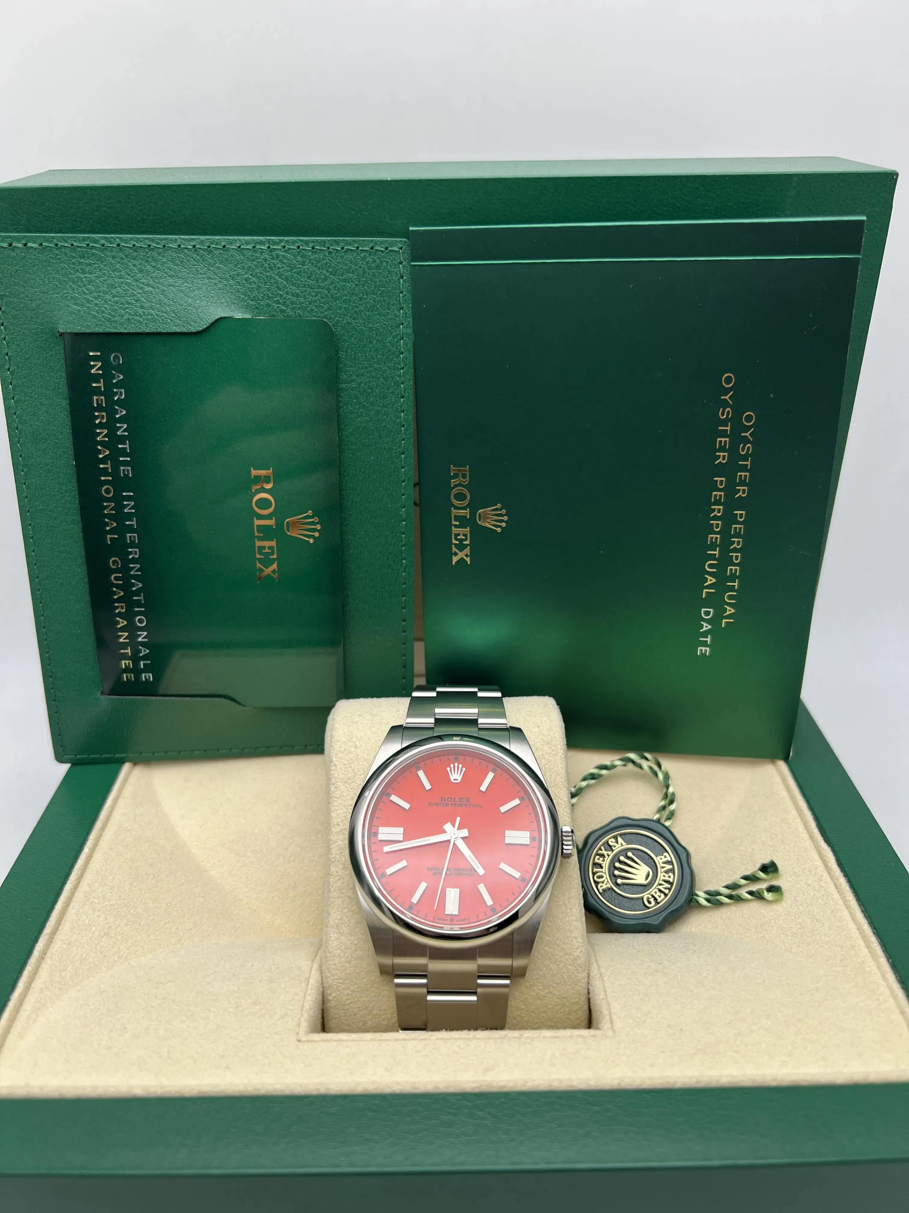 Rolex Oyster Perpetual 36 126000 Custom Coral Red Dial Box Papers