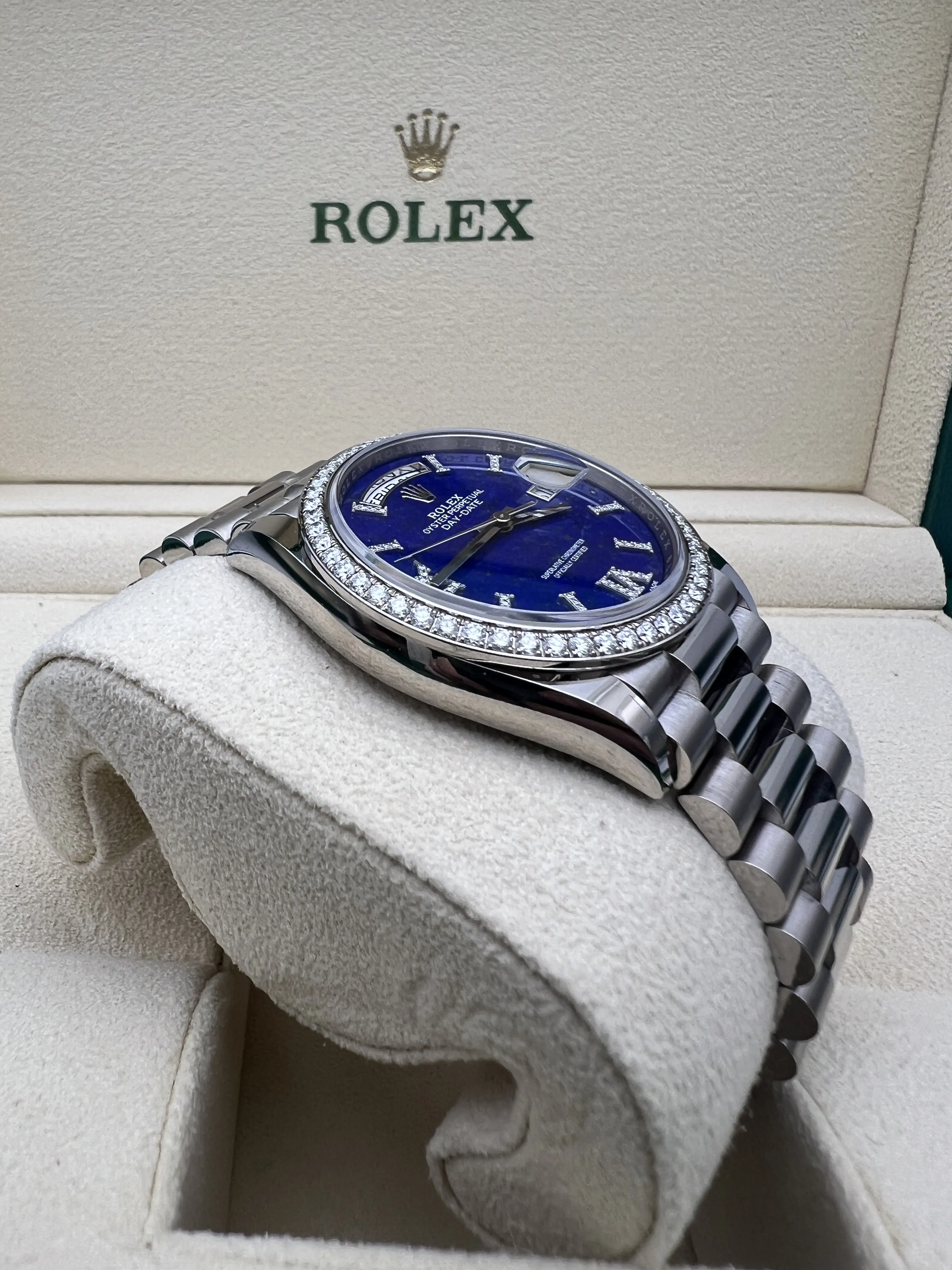 RARE New Rolex Day-Date 36 128349RBR 18K Gold Blue Lapis