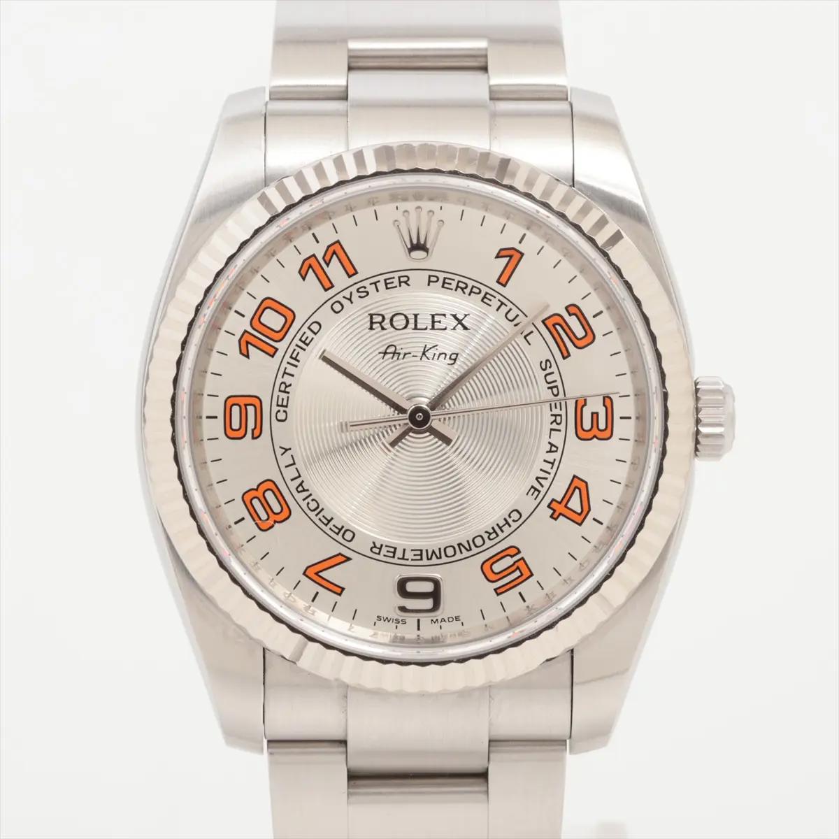 Rolex Air-King 114234 34mm 18K Fluted Silver Orange Arabic Dial