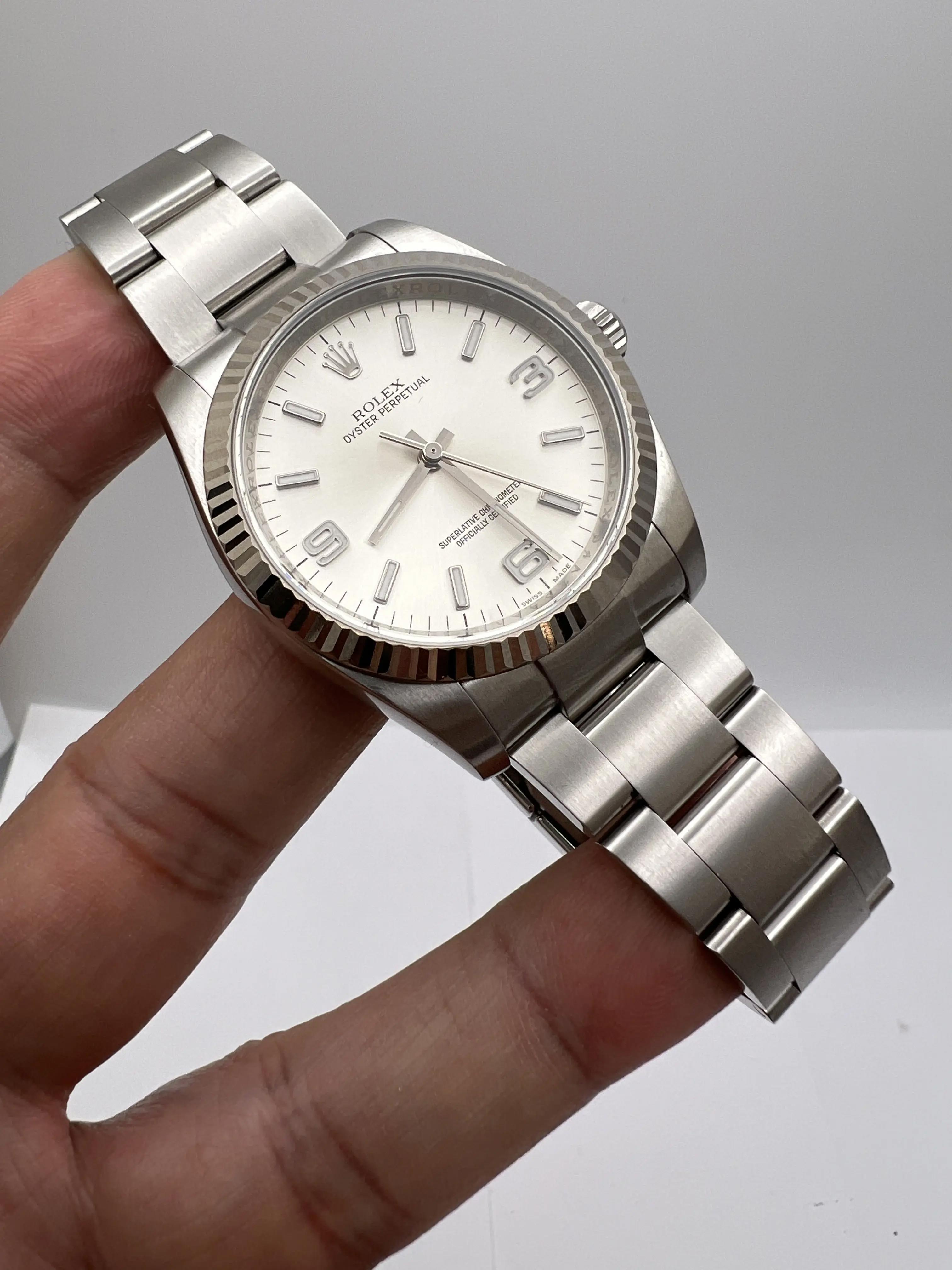 Rolex Oyster Perpetual 36mm 116034 18K Fluted Bezel Silver Arabic