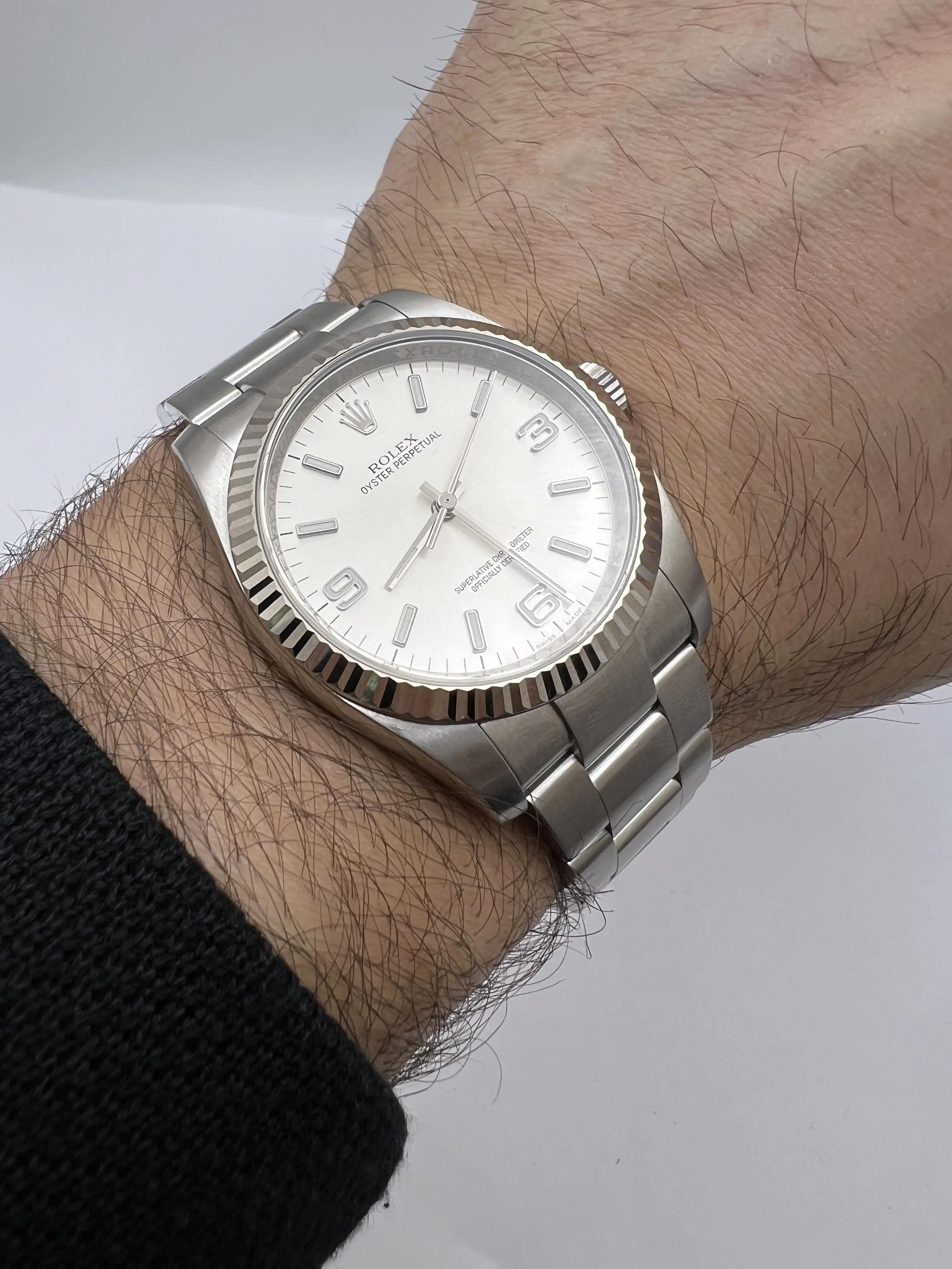 Rolex Oyster Perpetual 36mm 116034 18K Fluted Bezel Silver Arabic