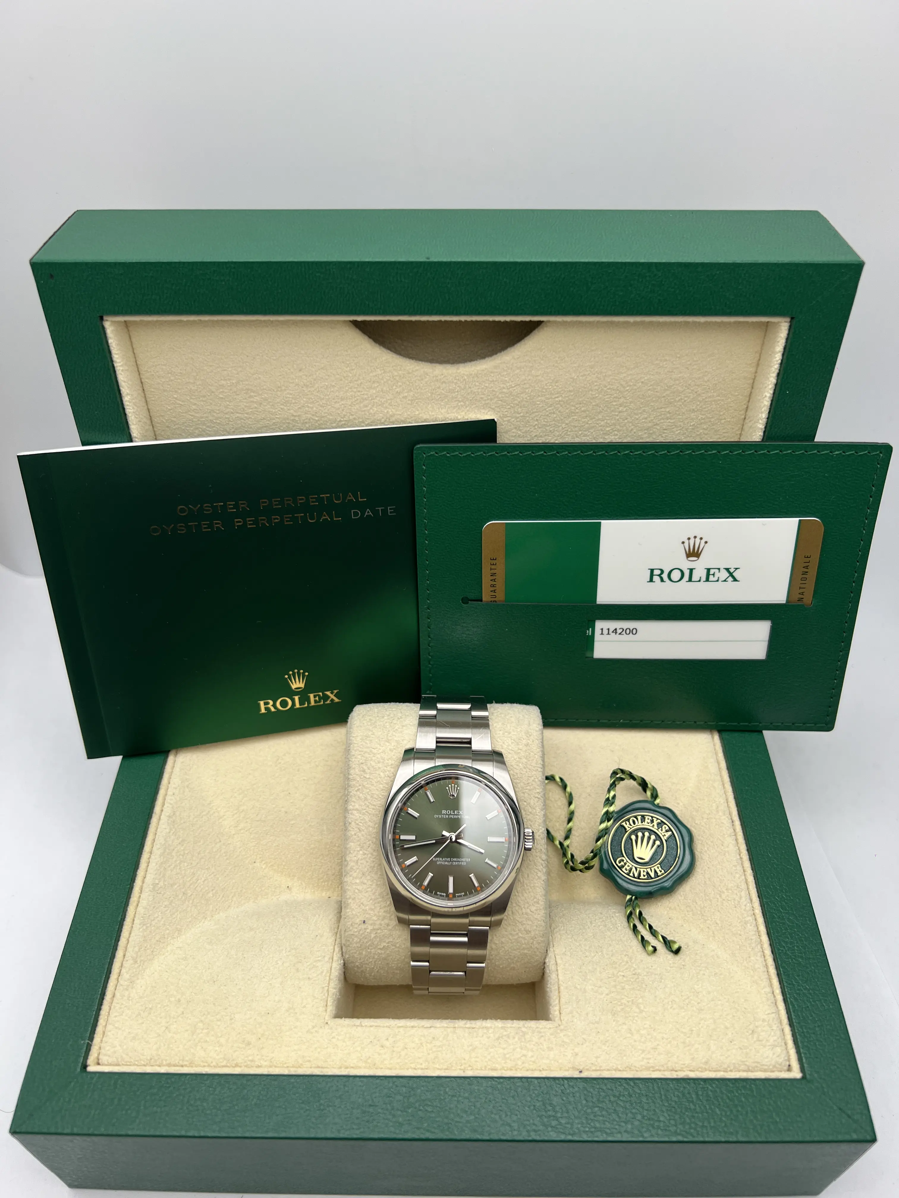 Rolex Oyster Perpetual 34mm 114200 Olive Green Dial Box Papers | eBay