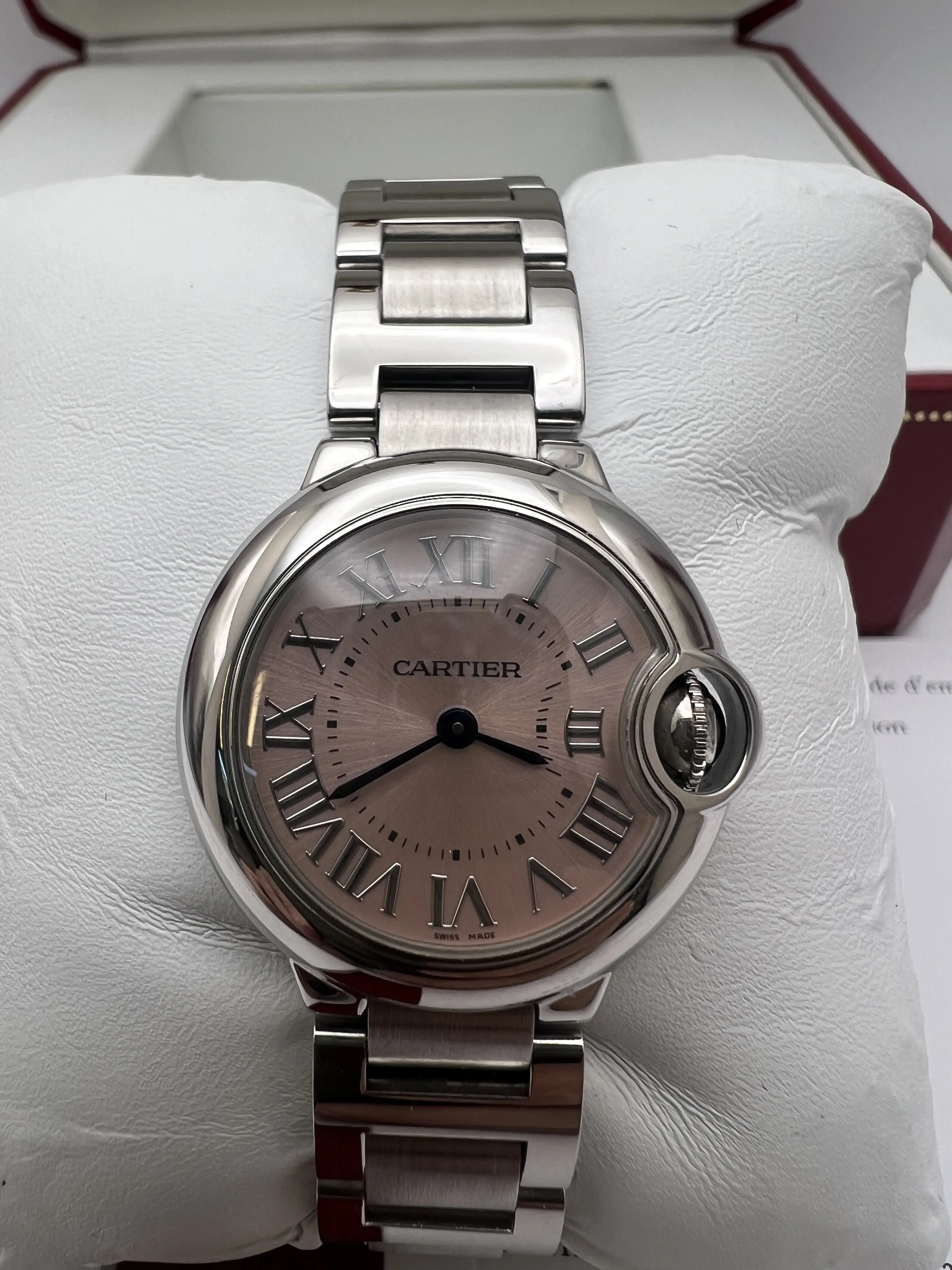 Cartier Ballon Bleu 28mm Pink Dial Box Papers Steel Quartz