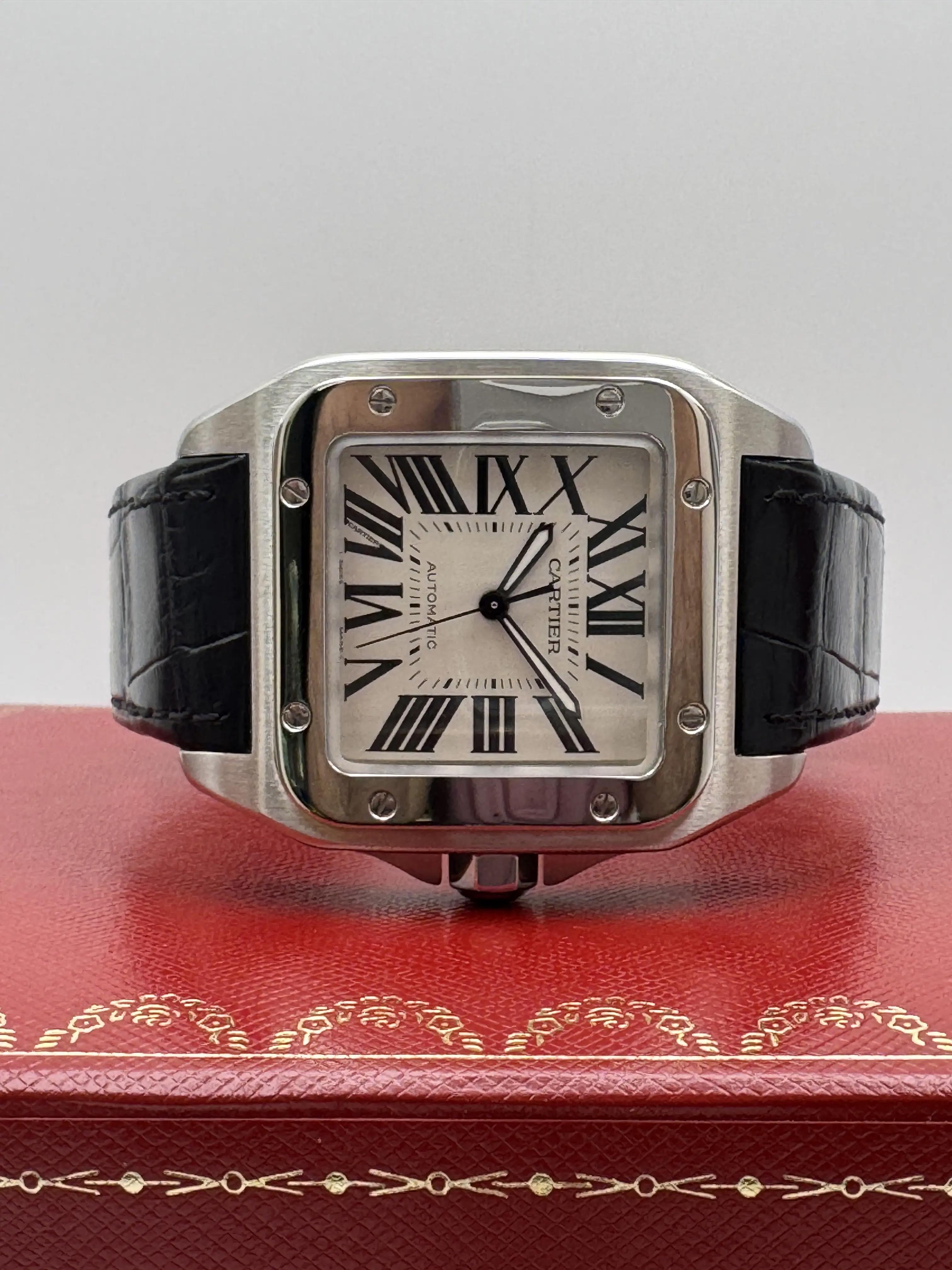 Cartier Santos 100 XL Silver Roman Dial Black Alligator W20073X8